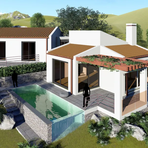 Progetti di abitazioni e spazi esterni, con piscina, patio, pergole.