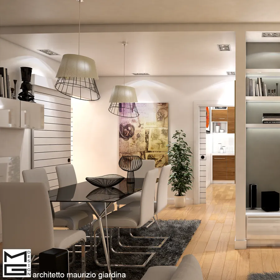 Zona pranzo elegante con tavolo in vetro e design moderno