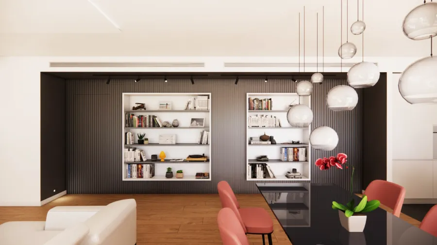 Zona living moderna con tavolo in vetro scuro